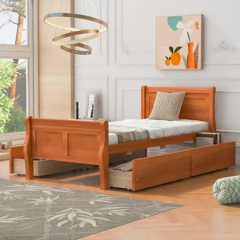 Cama de Plataforma de Madera Individual (Twin) de Roble/Espresso/Gris/Blanco con 4 Cajones