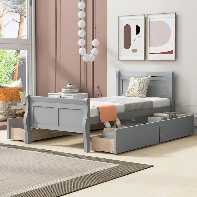 Cama de Plataforma de Madera Individual (Twin) de Roble/Espresso/Gris/Blanco con 4 Cajones