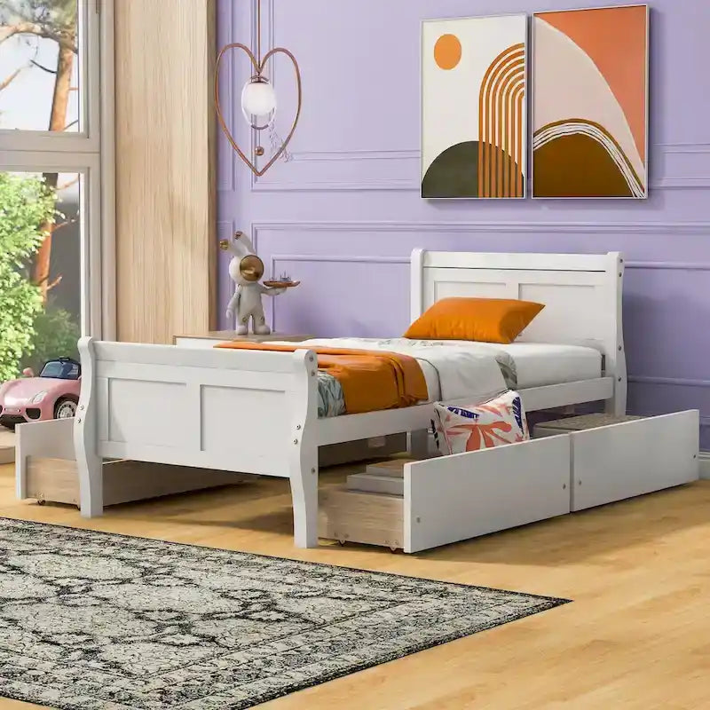 Cama de Plataforma de Madera Individual (Twin) de Roble/Espresso/Gris/Blanco con 4 Cajones