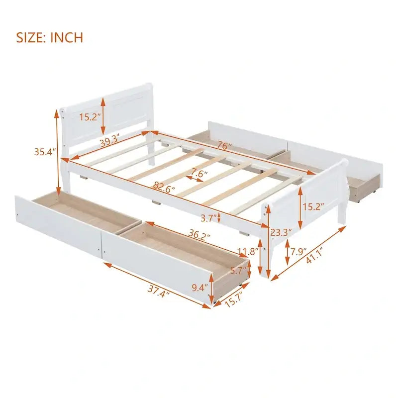 Cama de Plataforma de Madera Individual (Twin) de Roble/Espresso/Gris/Blanco con 4 Cajones