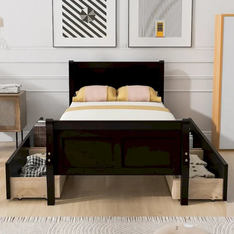 Cama de Plataforma de Madera Individual (Twin) de Roble/Espresso/Gris/Blanco con 4 Cajones