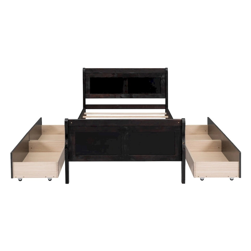 Cama de Plataforma de Madera Individual (Twin) de Roble/Espresso/Gris/Blanco con 4 Cajones