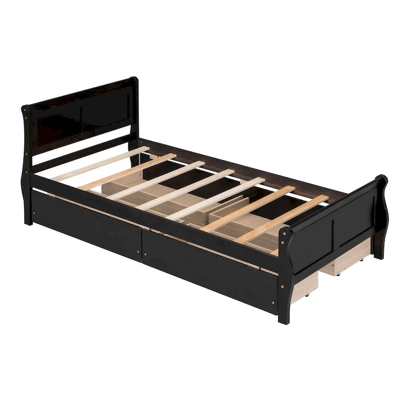 Cama de Plataforma de Madera Individual (Twin) de Roble/Espresso/Gris/Blanco con 4 Cajones
