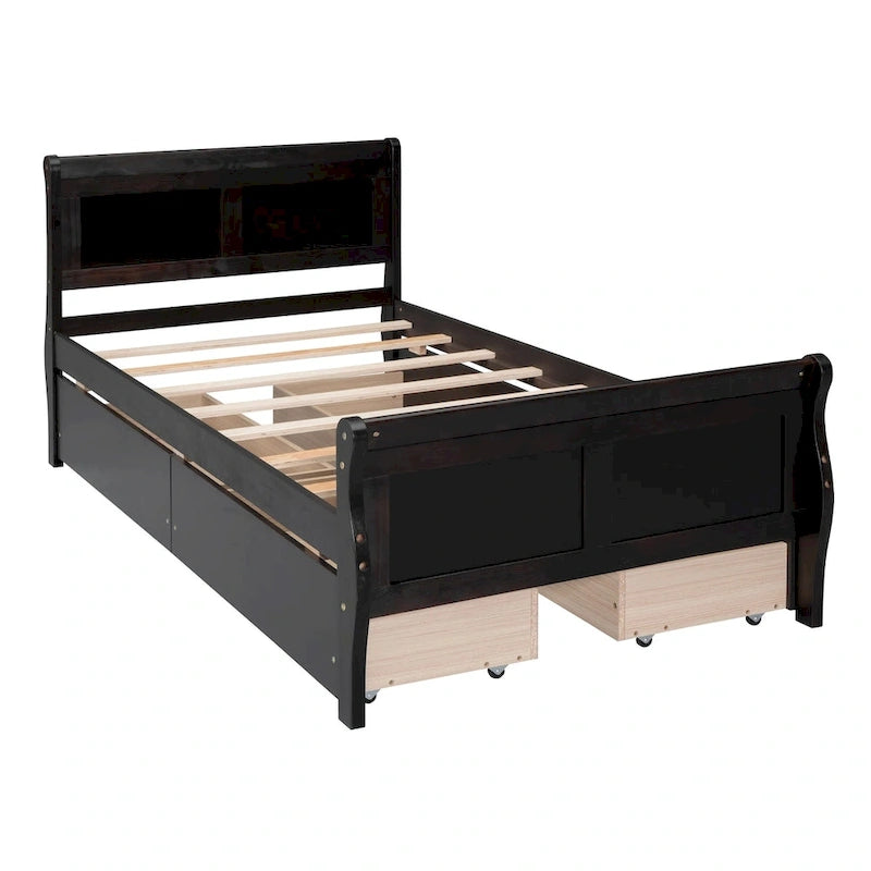 Cama de Plataforma de Madera Individual (Twin) de Roble/Espresso/Gris/Blanco con 4 Cajones