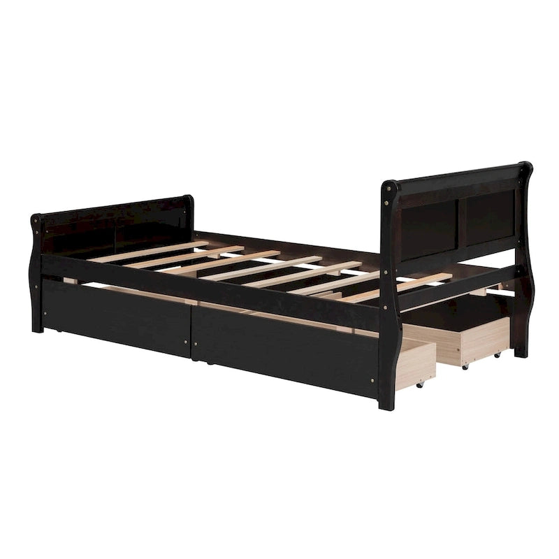 Cama de Plataforma de Madera Individual (Twin) de Roble/Espresso/Gris/Blanco con 4 Cajones