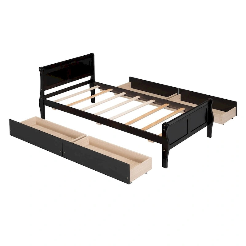 Cama de Plataforma de Madera Individual (Twin) de Roble/Espresso/Gris/Blanco con 4 Cajones