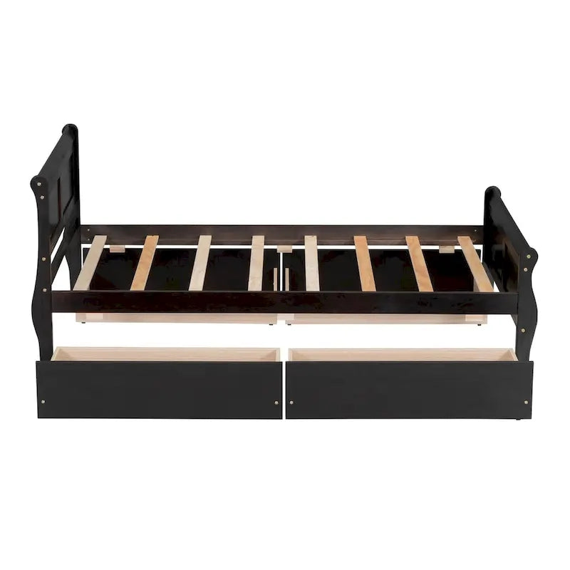 Cama de Plataforma de Madera Individual (Twin) de Roble/Espresso/Gris/Blanco con 4 Cajones