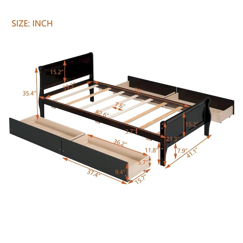 Cama de Plataforma de Madera Individual (Twin) de Roble/Espresso/Gris/Blanco con 4 Cajones