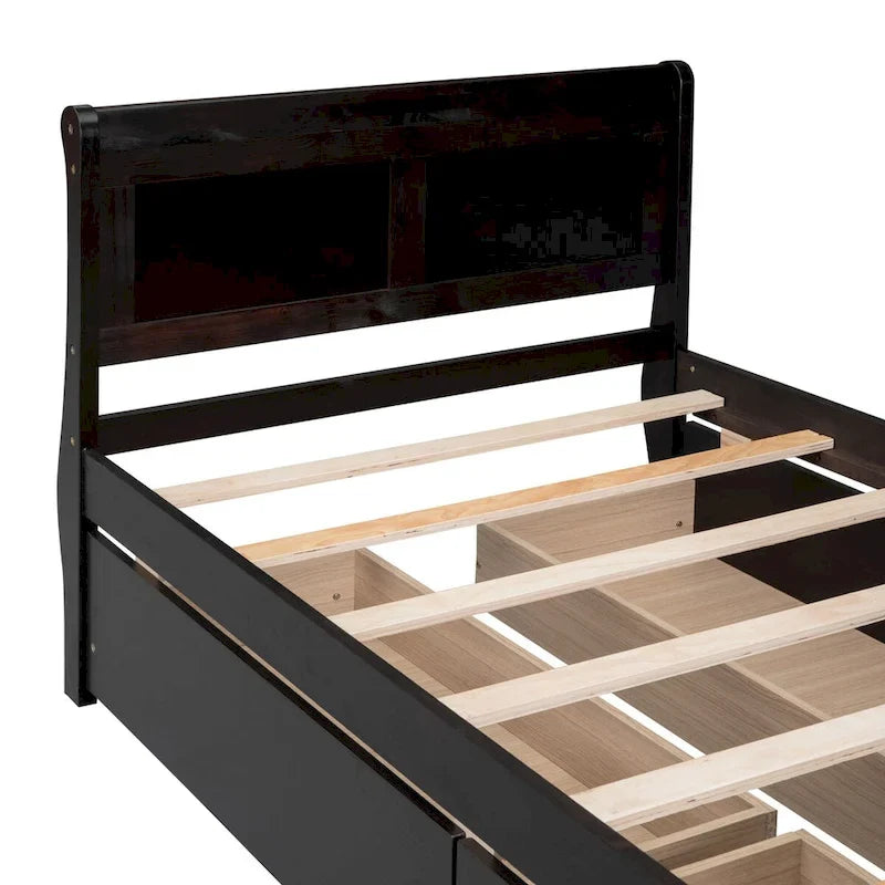 Cama de Plataforma de Madera Individual (Twin) de Roble/Espresso/Gris/Blanco con 4 Cajones