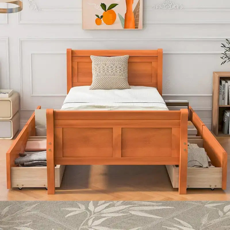 Cama de Plataforma de Madera Individual (Twin) de Roble/Espresso/Gris/Blanco con 4 Cajones