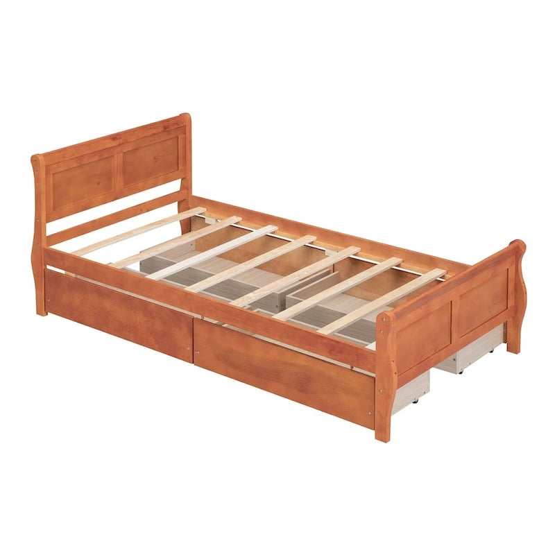 Cama de Plataforma de Madera Individual (Twin) de Roble/Espresso/Gris/Blanco con 4 Cajones