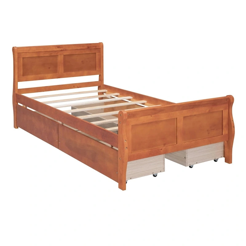 Cama de Plataforma de Madera Individual (Twin) de Roble/Espresso/Gris/Blanco con 4 Cajones