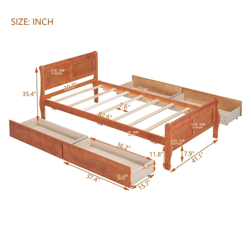 Cama de Plataforma de Madera Individual (Twin) de Roble/Espresso/Gris/Blanco con 4 Cajones