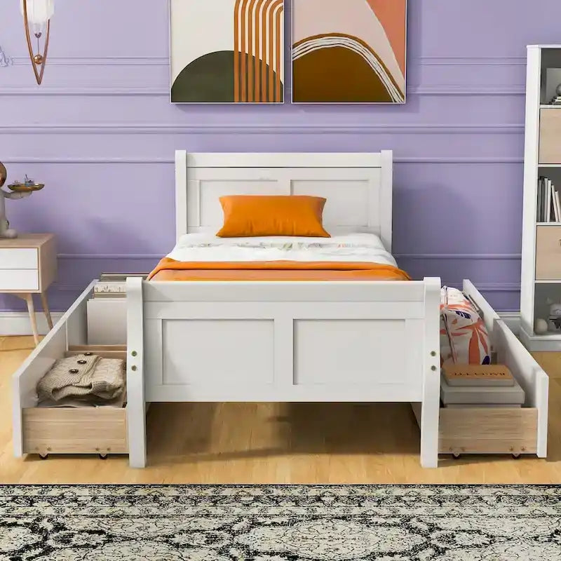 Cama de Plataforma de Madera Individual (Twin) de Roble/Espresso/Gris/Blanco con 4 Cajones