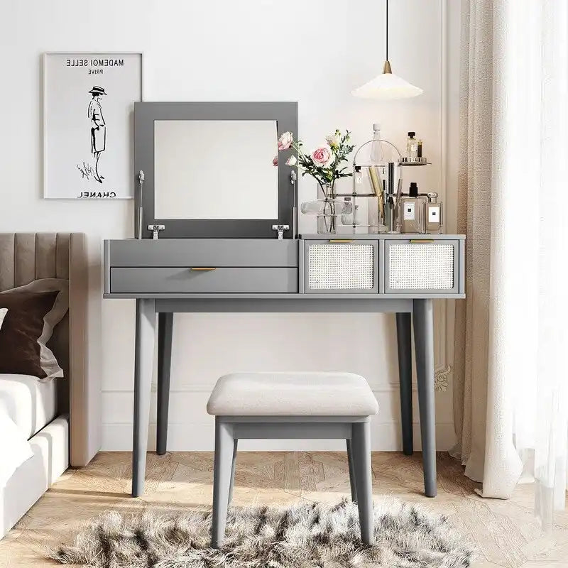 Tocador con espejo elevable y taburete, color blanco/marrón/gris, 1 persona