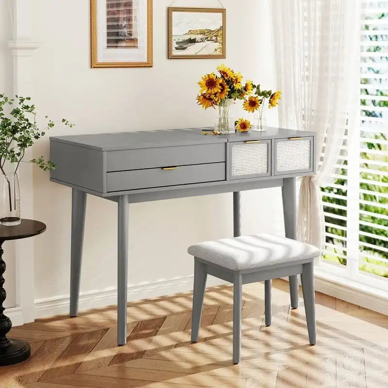 Tocador con espejo elevable y taburete, color blanco/marrón/gris, 1 persona