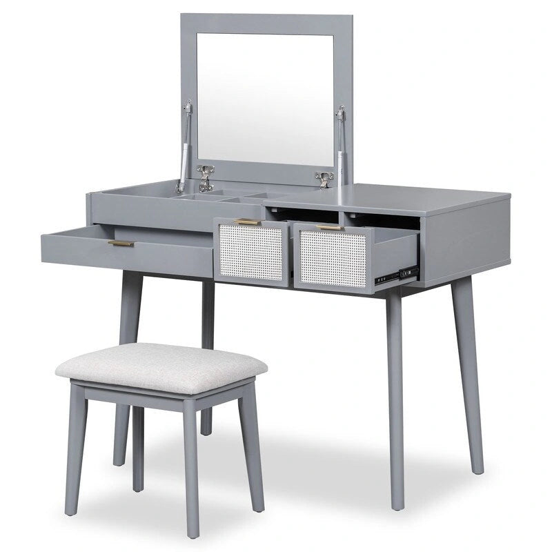 Tocador con espejo elevable y taburete, color blanco/marrón/gris, 1 persona