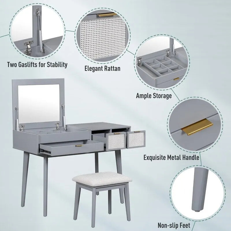 Tocador con espejo elevable y taburete, color blanco/marrón/gris, 1 persona