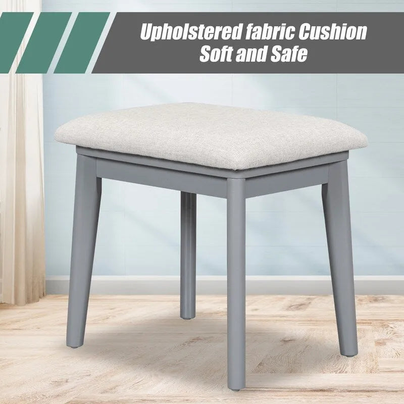 Tocador con espejo elevable y taburete, color blanco/marrón/gris, 1 persona