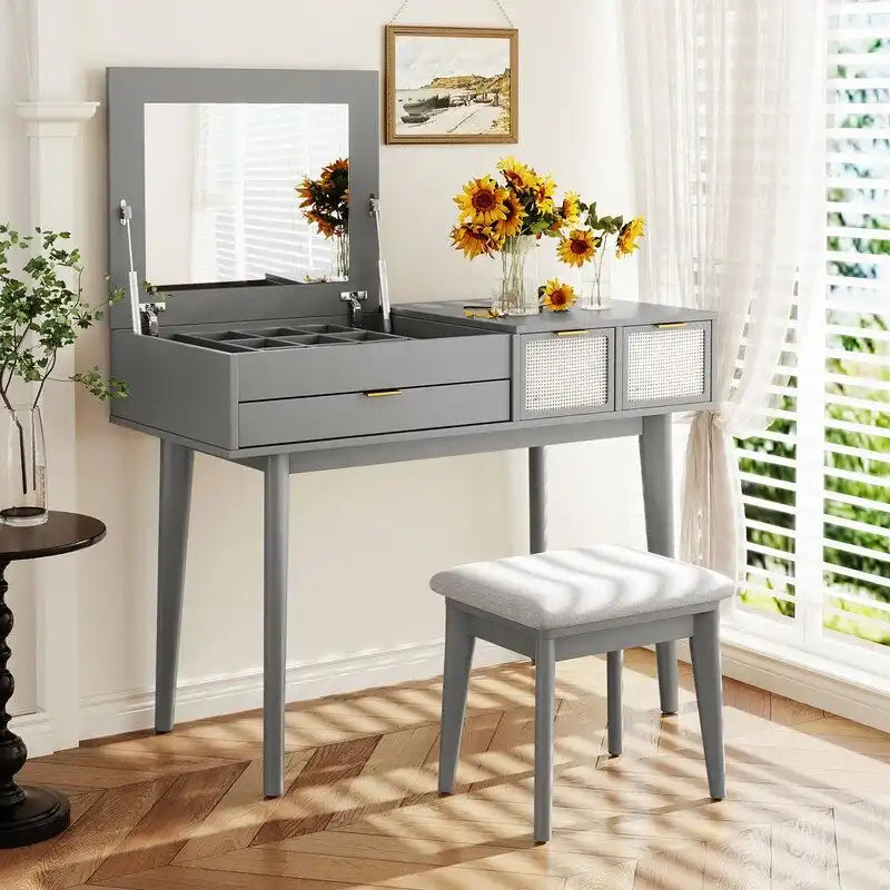 Tocador con espejo elevable y taburete, color blanco/marrón/gris, 1 persona