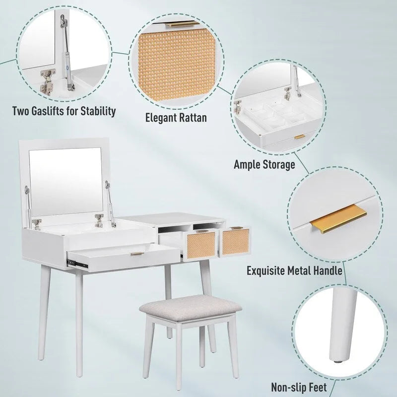 Tocador con espejo elevable y taburete, color blanco/marrón/gris, 1 persona