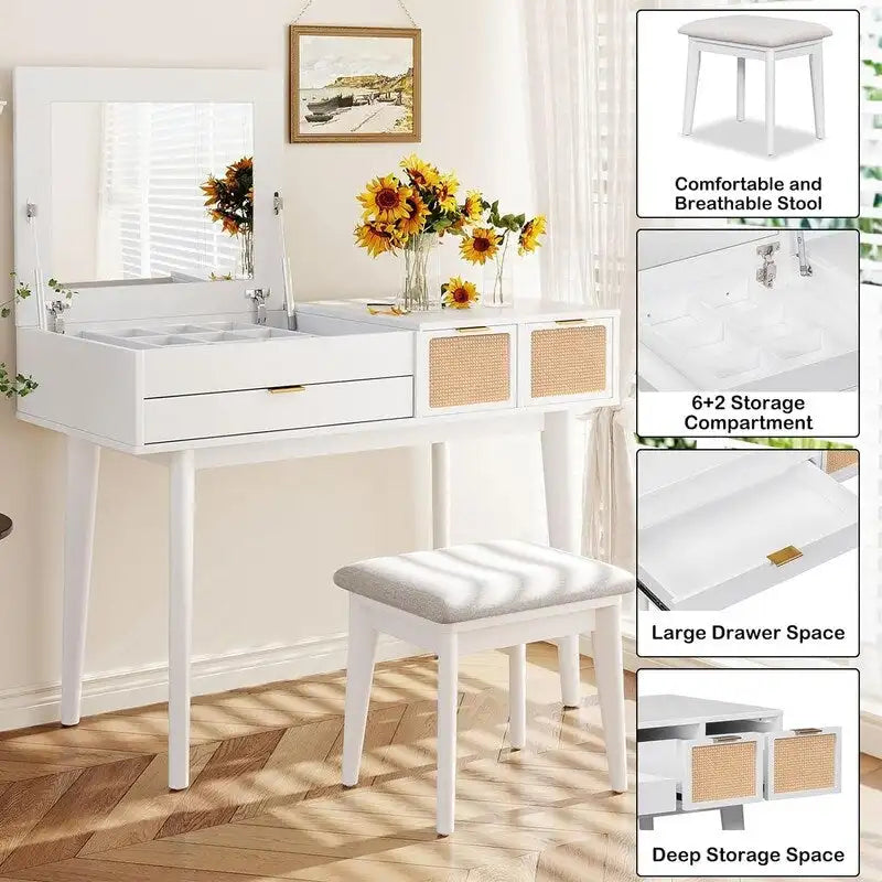 Tocador con espejo elevable y taburete, color blanco/marrón/gris, 1 persona