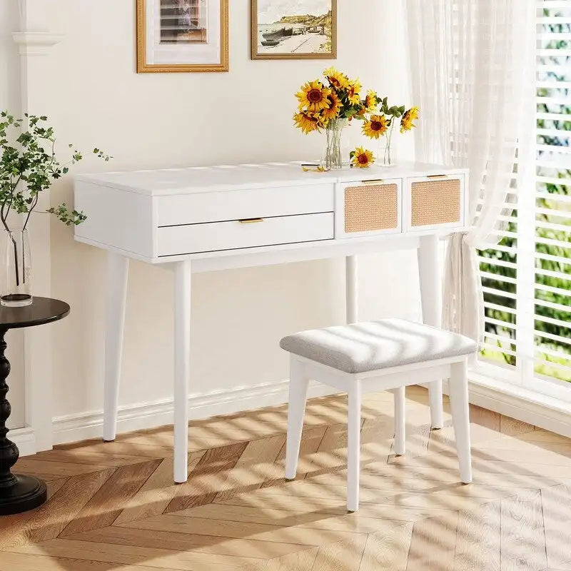Tocador con espejo elevable y taburete, color blanco/marrón/gris, 1 persona