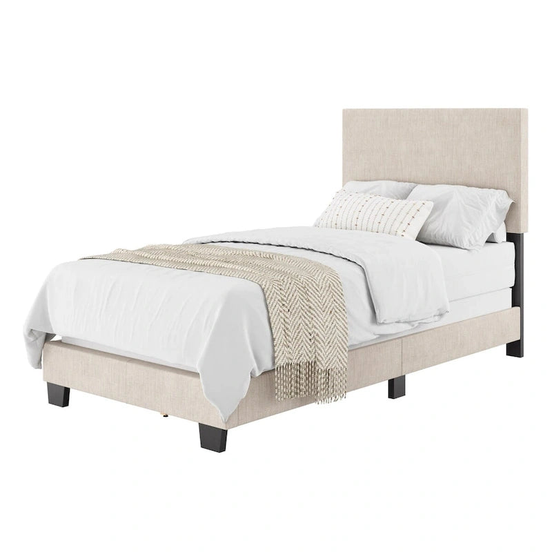 Marco de cama individual o individual tapizado | Cabecero acolchado | Azul / Gris / Gris claro / Beige | Para 1