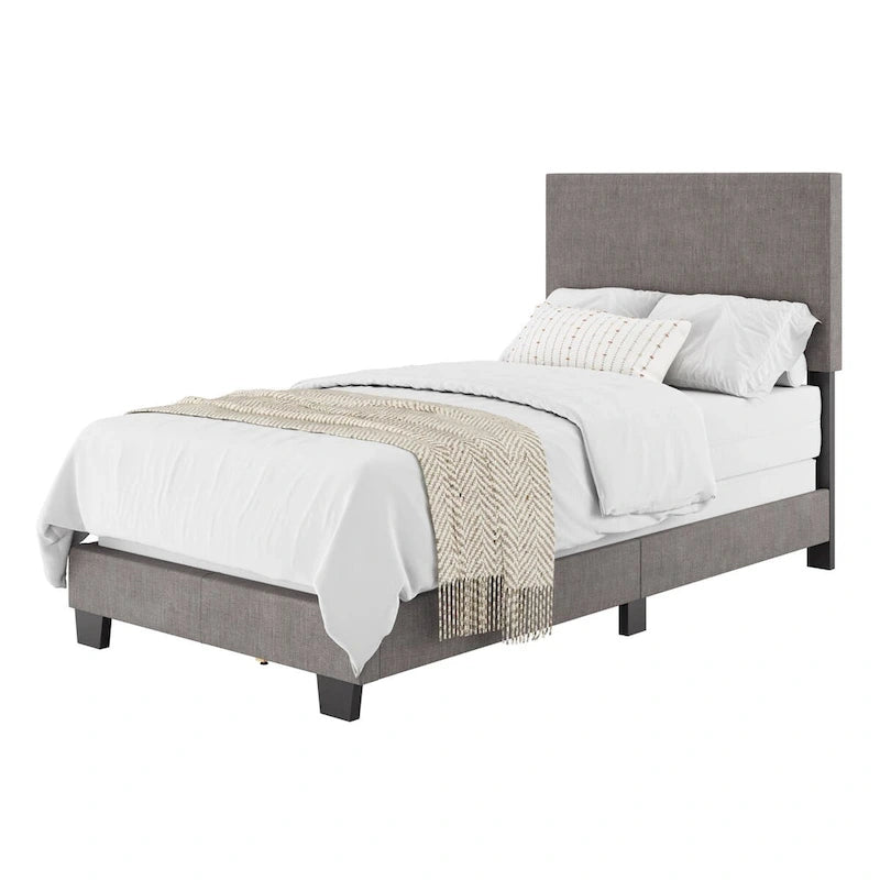 Marco de cama individual o individual tapizado | Cabecero acolchado | Azul / Gris / Gris claro / Beige | Para 1
