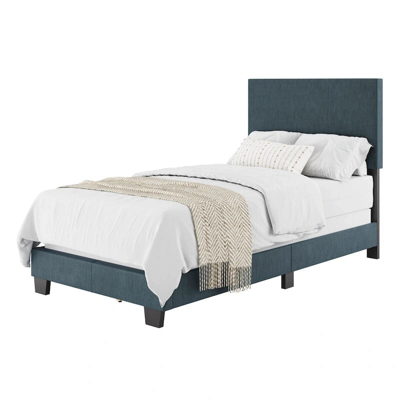 Marco de cama individual o individual tapizado | Cabecero acolchado | Azul / Gris / Gris claro / Beige | Para 1