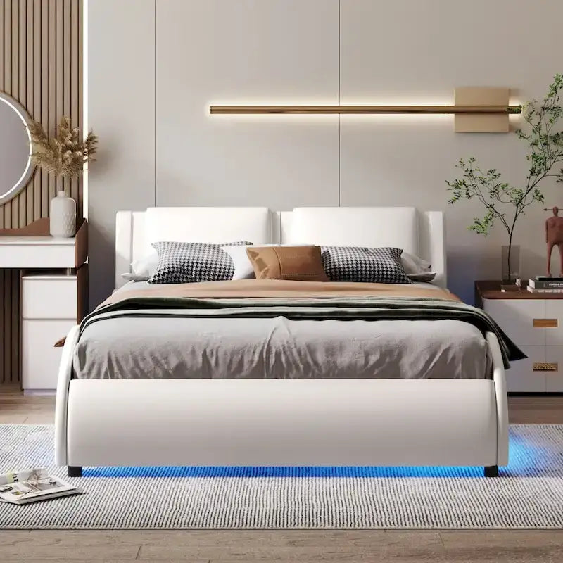 Cama de plataforma de cuero sintético tamaño matrimonial en blanco/negro con luces LED, para 2 personas