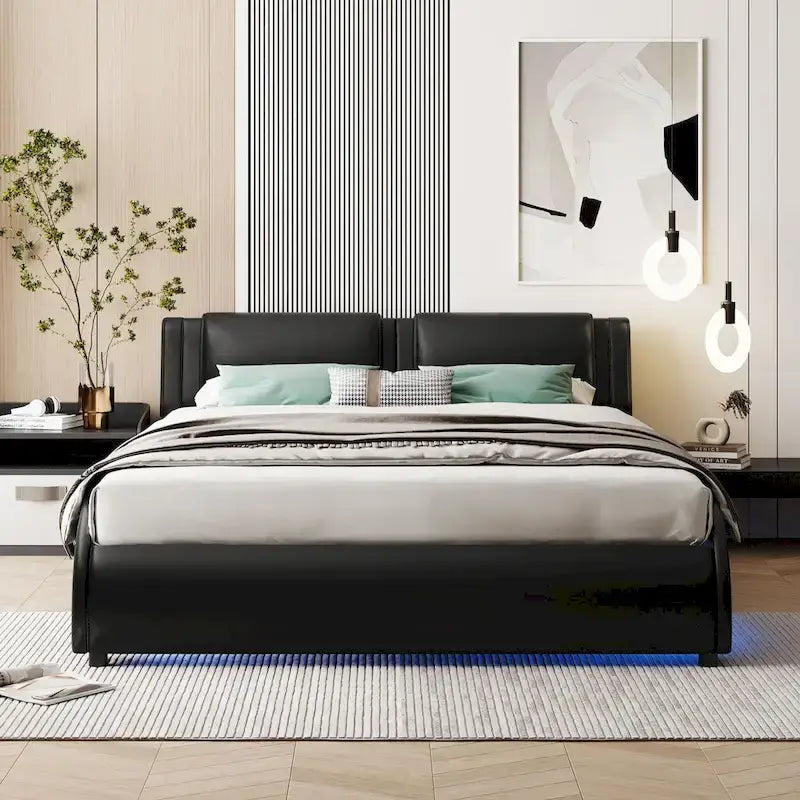 Cama de plataforma de cuero sintético tamaño matrimonial en blanco/negro con luces LED, para 2 personas