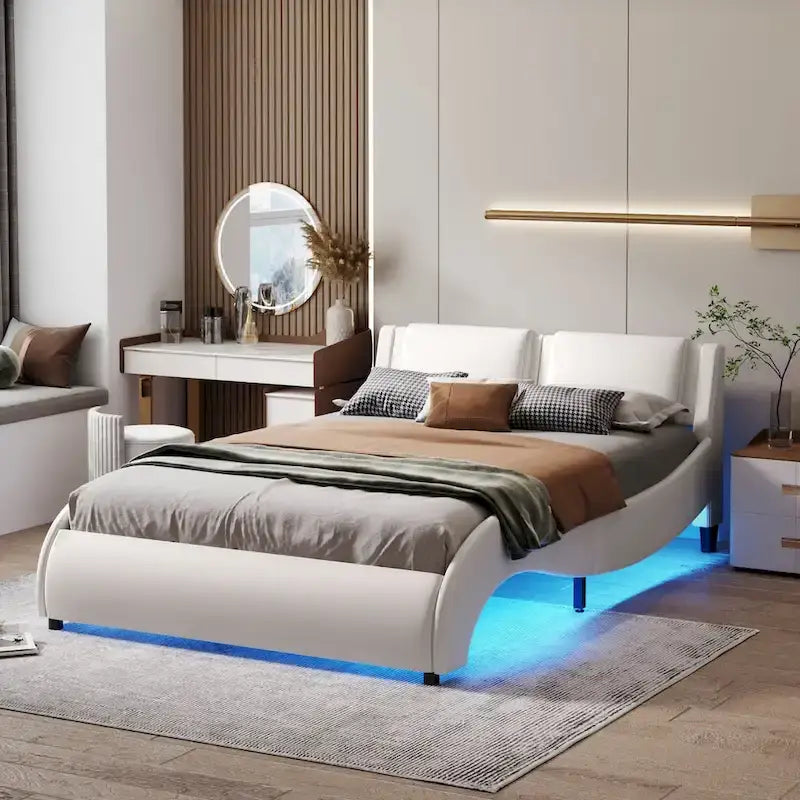 Cama de plataforma de cuero sintético tamaño matrimonial en blanco/negro con luces LED, para 2 personas