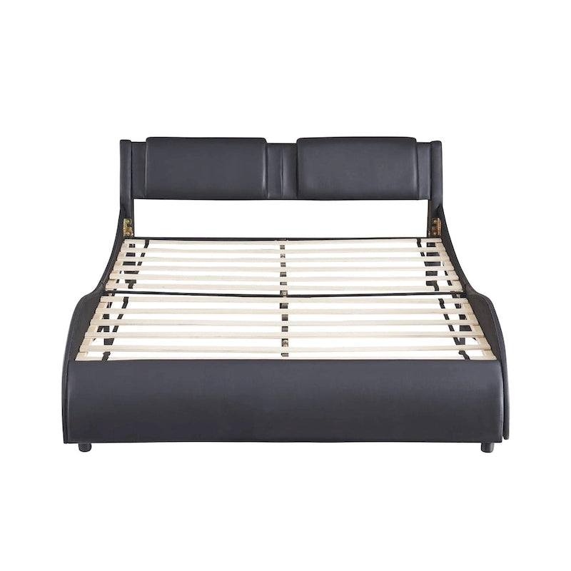 Cama de plataforma de cuero sintético tamaño matrimonial en blanco/negro con luces LED, para 2 personas