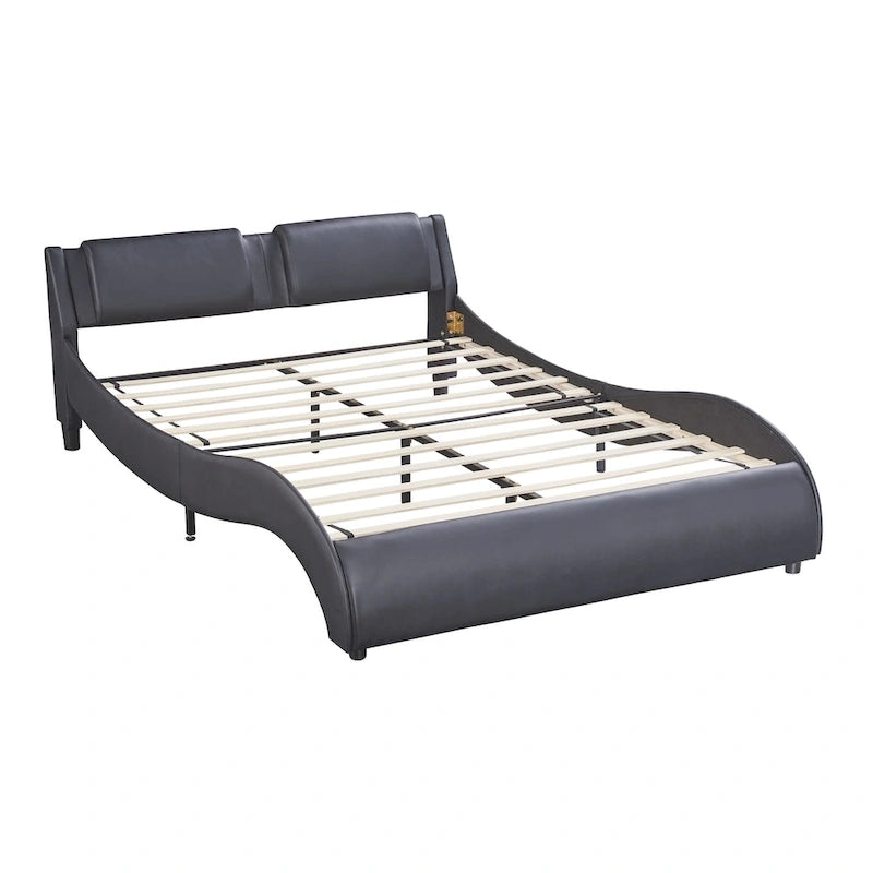 Cama de plataforma de cuero sintético tamaño matrimonial en blanco/negro con luces LED, para 2 personas
