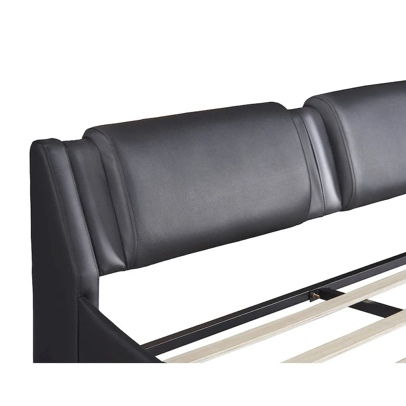 Cama de plataforma de cuero sintético tamaño matrimonial en blanco/negro con luces LED, para 2 personas