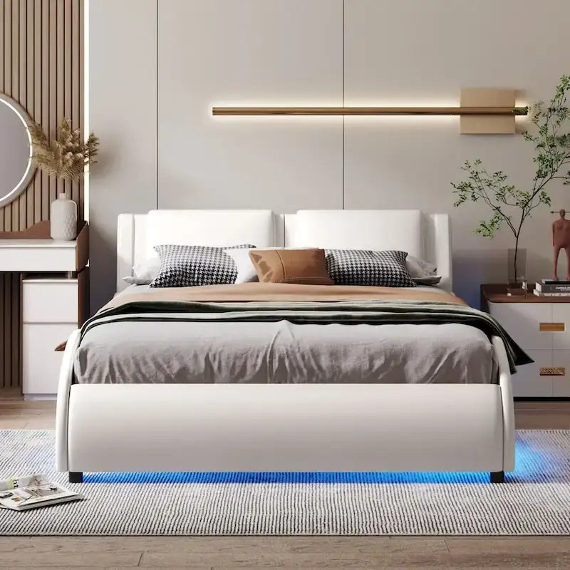 Cama de plataforma de cuero sintético tamaño matrimonial en blanco/negro con luces LED, para 2 personas