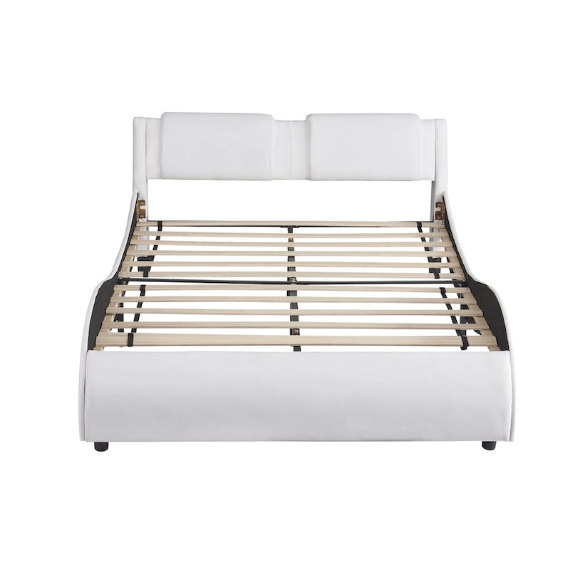 Cama de plataforma de cuero sintético tamaño matrimonial en blanco/negro con luces LED, para 2 personas