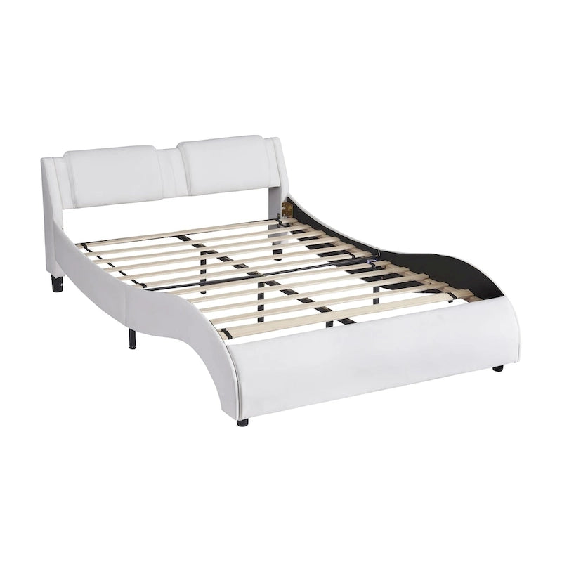 Cama de plataforma de cuero sintético tamaño matrimonial en blanco/negro con luces LED, para 2 personas