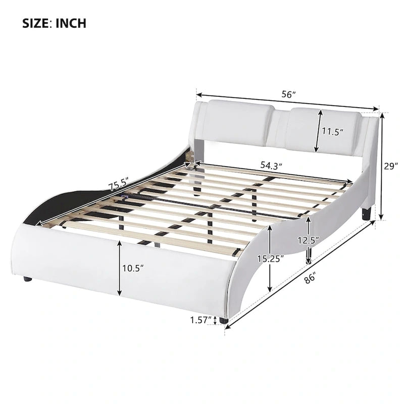 Cama de plataforma de cuero sintético tamaño matrimonial en blanco/negro con luces LED, para 2 personas