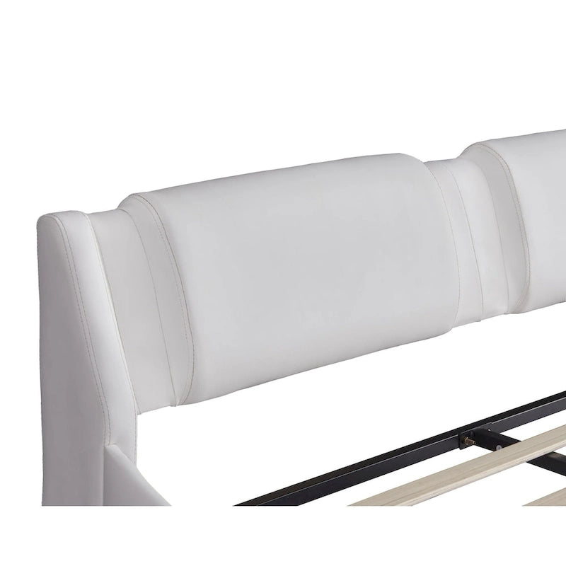 Cama de plataforma de cuero sintético tamaño matrimonial en blanco/negro con luces LED, para 2 personas