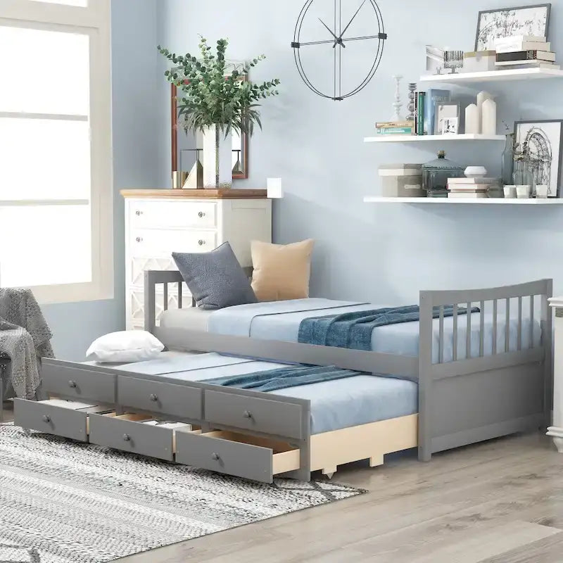 Cama Nido Gris/Blanca para Dos Personas con Cajones y Cama Adicional, para 2 personas