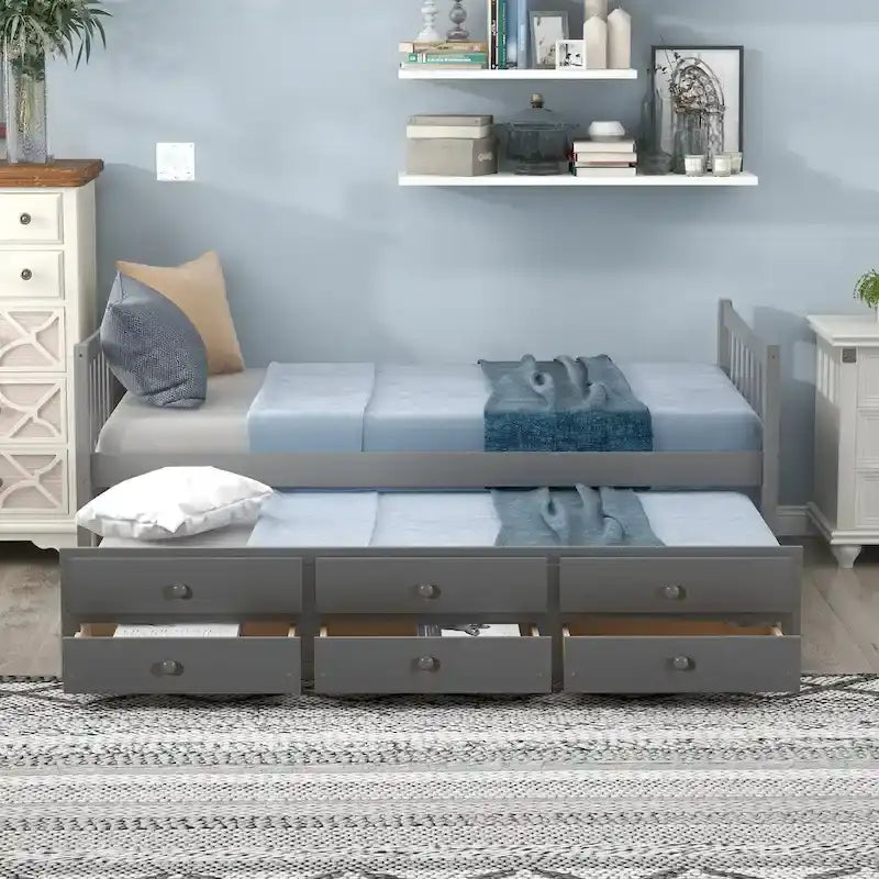 Cama Nido Gris/Blanca para Dos Personas con Cajones y Cama Adicional, para 2 personas