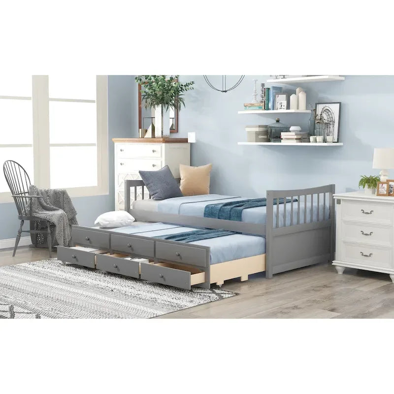 Cama Nido Gris/Blanca para Dos Personas con Cajones y Cama Adicional, para 2 personas