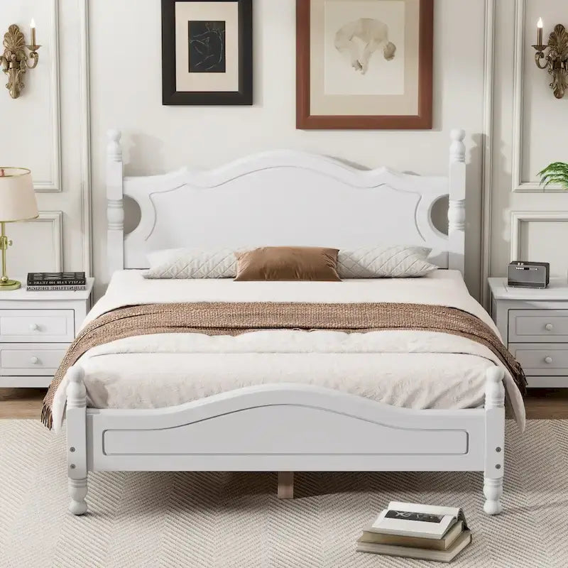 Base de cama de plataforma de madera retro blanca de tamaño matrimonial con cabecera, individual