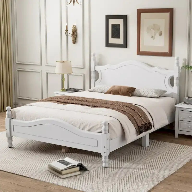Base de cama de plataforma de madera retro blanca de tamaño matrimonial con cabecera, individual