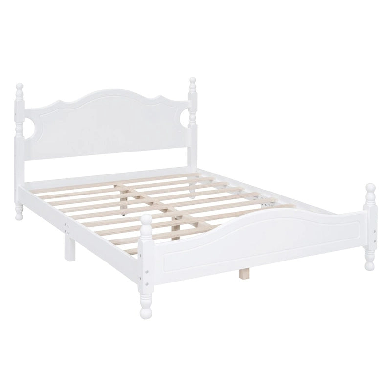 Base de cama de plataforma de madera retro blanca de tamaño matrimonial con cabecera, individual