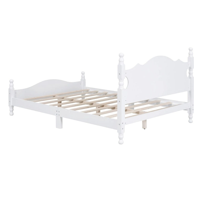 Base de cama de plataforma de madera retro blanca de tamaño matrimonial con cabecera, individual