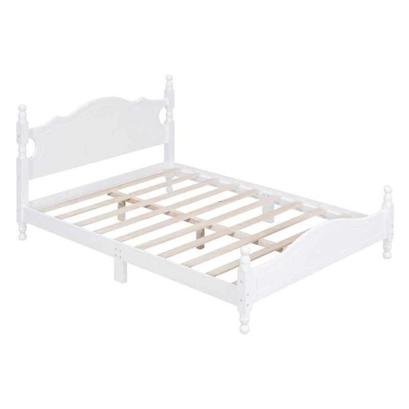Base de cama de plataforma de madera retro blanca de tamaño matrimonial con cabecera, individual