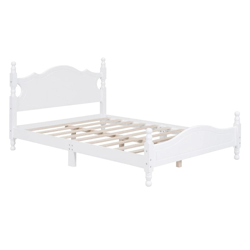 Base de cama de plataforma de madera retro blanca de tamaño matrimonial con cabecera, individual